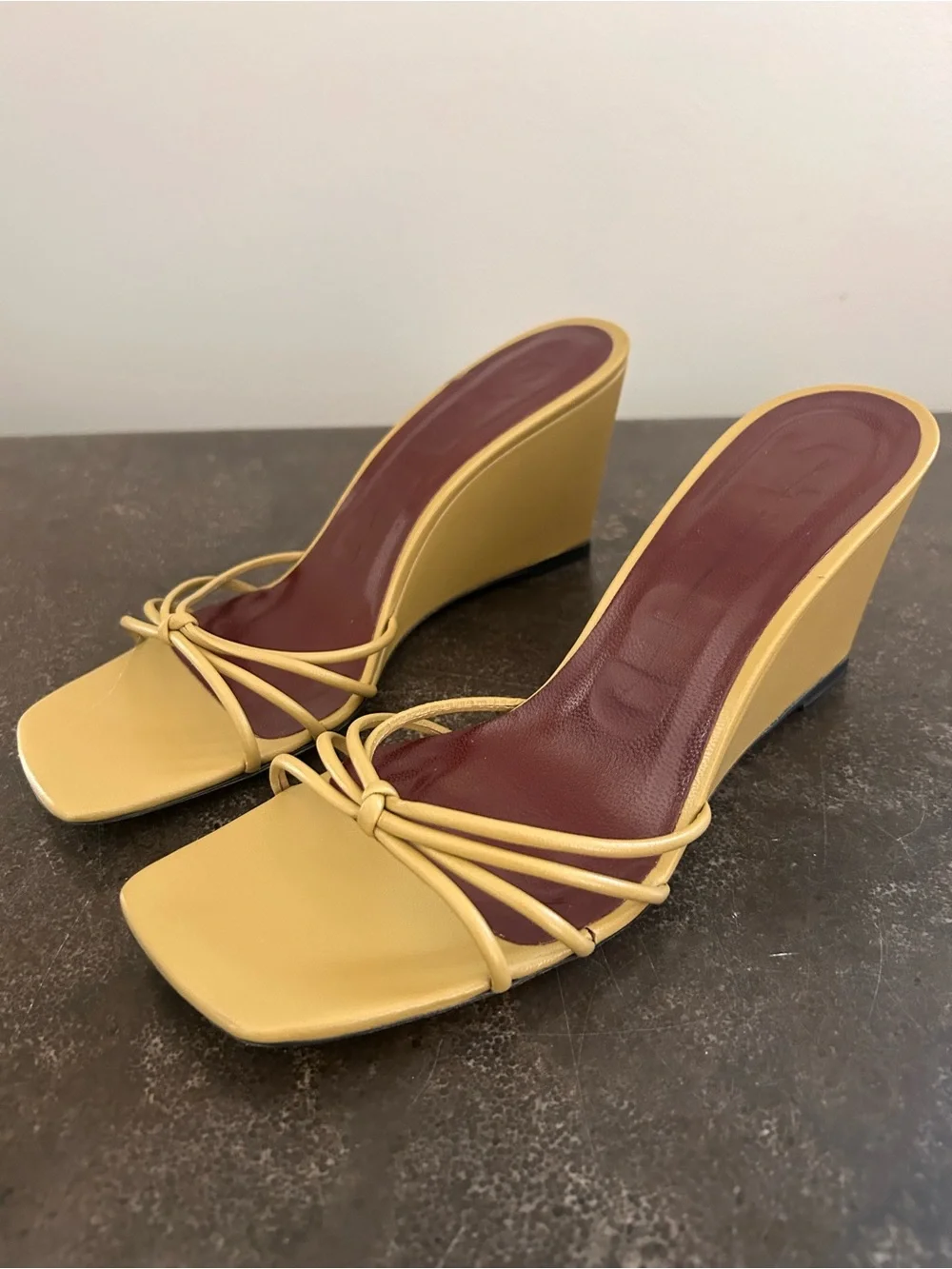 STAUD Yellow Knotted Strappy Slide Heels with Burgundy Insole